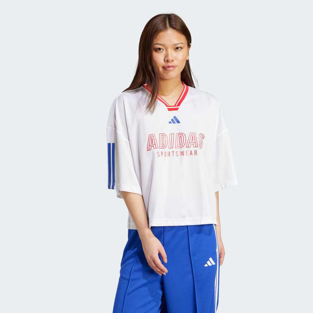 

Джерси Adidas Tiro Nations Pack Boyfriend Tee, цвет White/Pure Ruby/Semi Lucid Blue