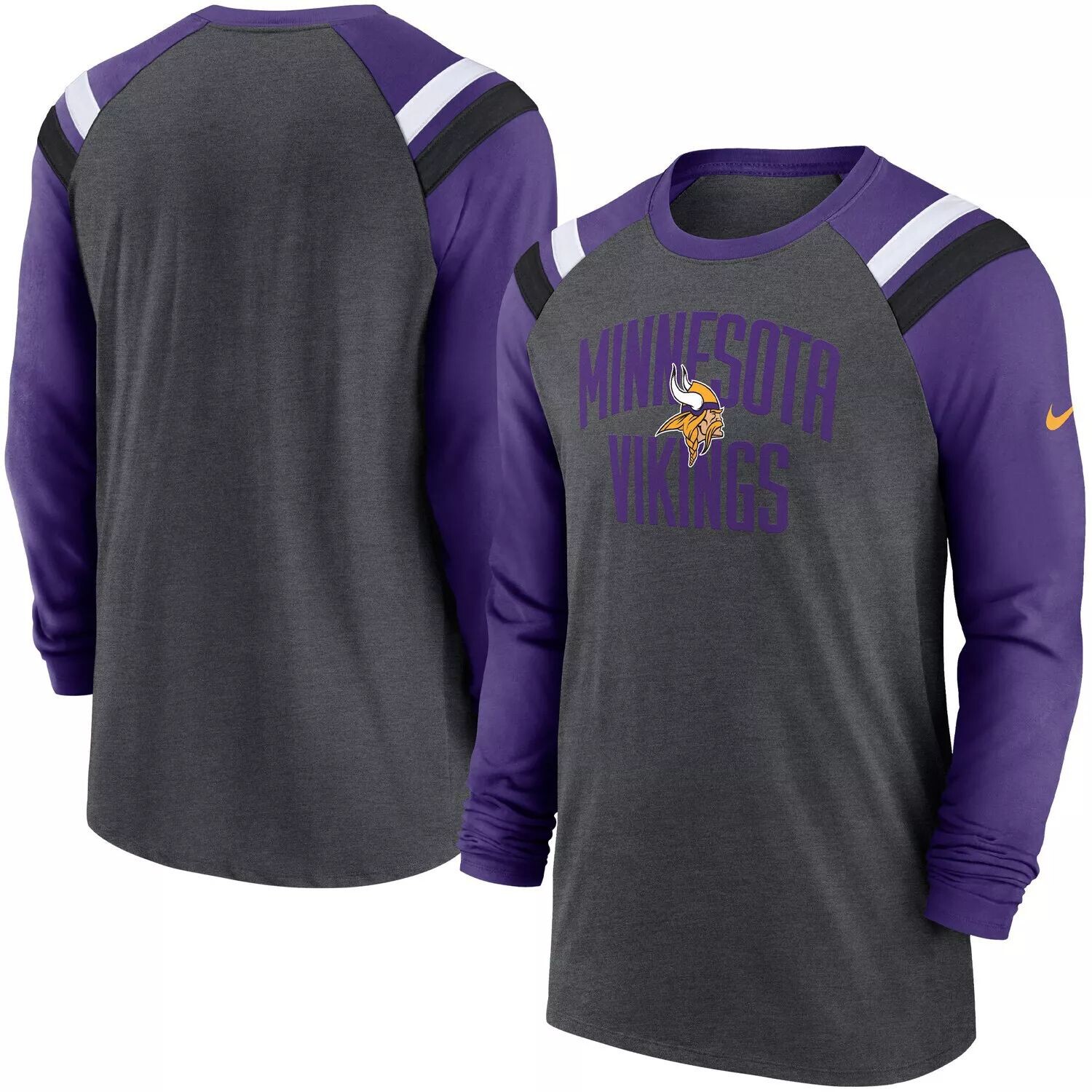 Мужская темно-серая/фиолетовая модная спортивная футболка Minnesota Vikings Tri-Blend реглан с длинными рукавами Nike — фото 4
