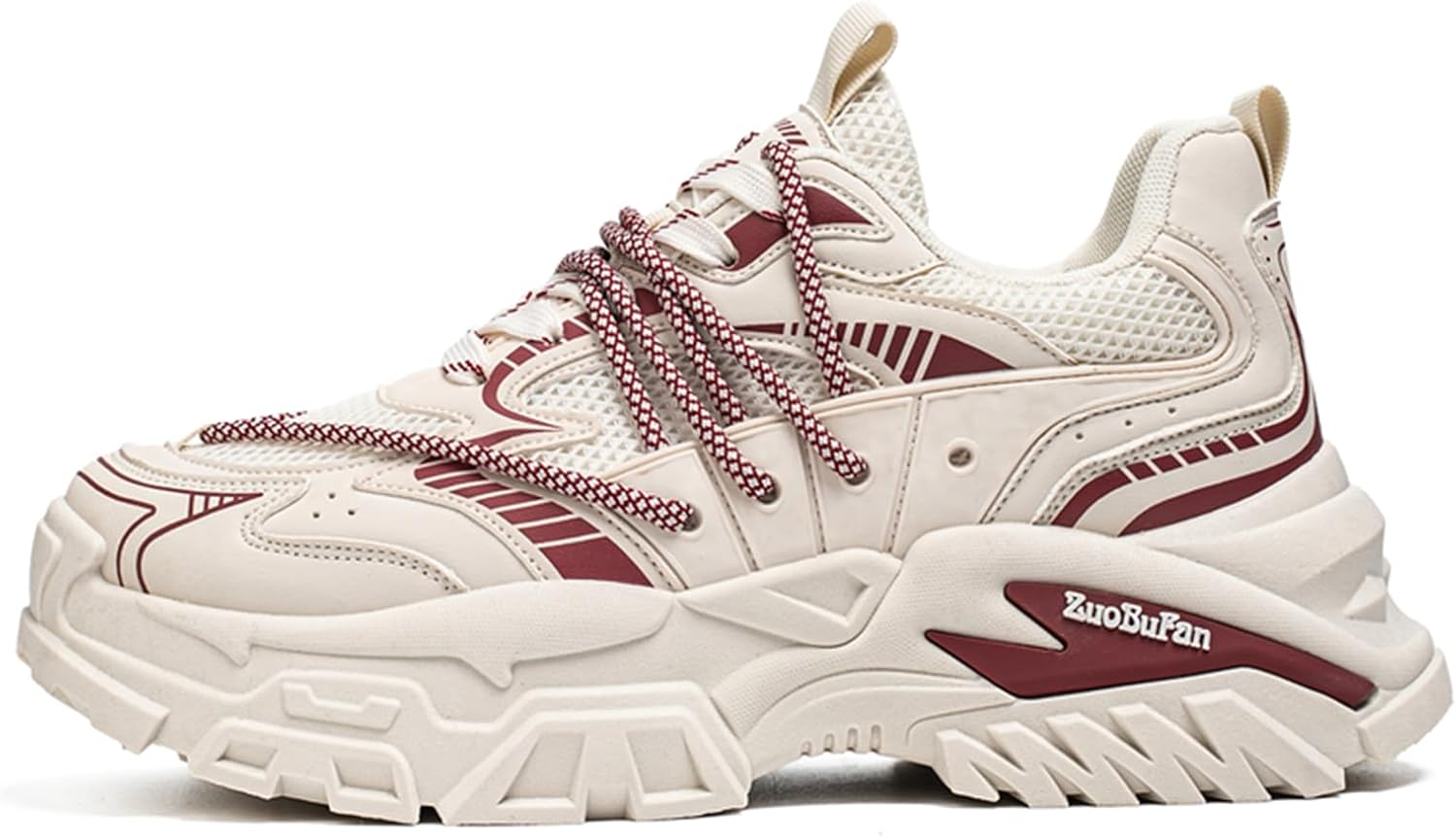 

Мужские дышащие сетчатые спортивные туфли с круглым носком на шнуровке, модные кроссовки с высокой подошвой, противоскользящие и амортизирующие, с толстой подошвой, подходят для ходьбы, путешествий и походов Igzbibg, красный