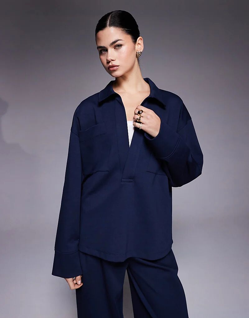 

Рубашка свободного кроя из ткани интерлок от ASOS DESIGN темно-синего цвета с карманами