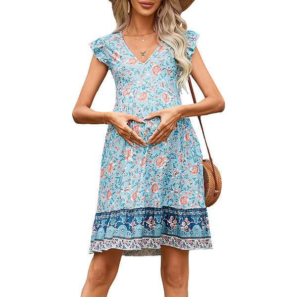 

Платье миди для беременных с V-образным вырезом, короткими рукавами с оборками и цветочным принтом, струящееся. Clearflower, Blue