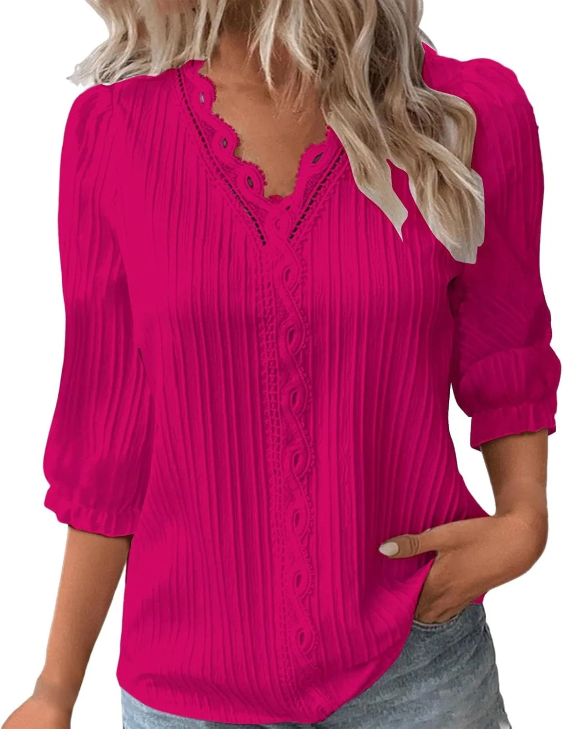 Блуза из льна с кружевом, Half Sleeve, V-образный вырез, Hot Pink