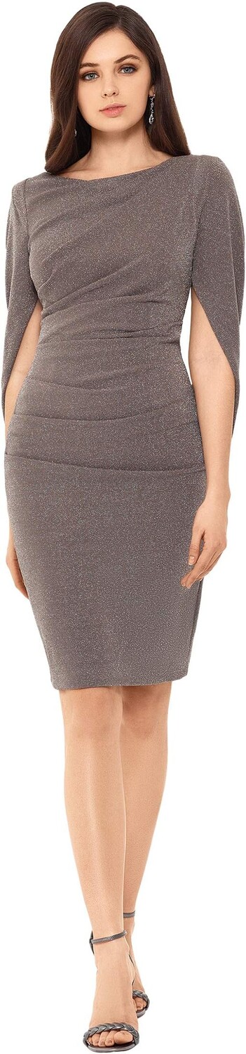 

Платье Short Rouched Metallic Knit Drape Back Sleeve Betsy & Adam, цвет Taupe/Silver