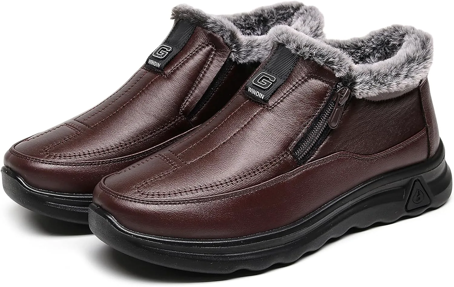 

Мужские зимние флисовые водонепроницаемые теплые ботинки для снега до щиколотки с застежкой-молнией, уютной меховой подкладкой, легкие, противоскользящие, на быструю обувь для зимних прогулок на улице Oigunle, коричневый