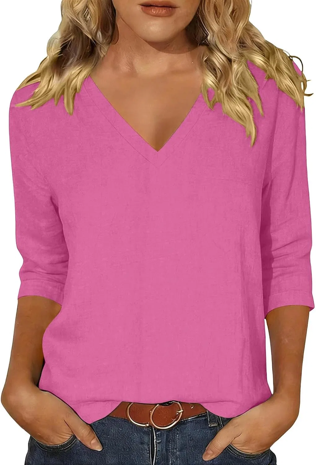 Футболка женская с V-образным вырезом и рукавом 3/4, Hot Pink