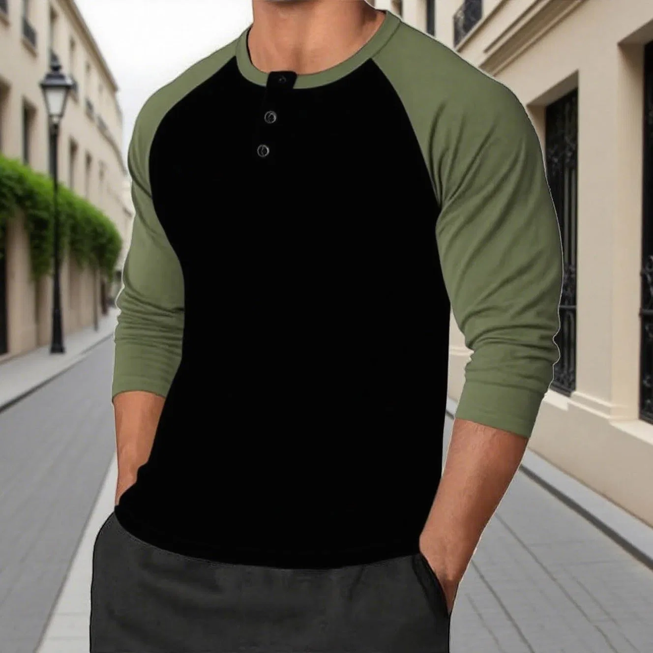Мужская футболка с длинным рукавом, хлопковая, Army Green — фото 2