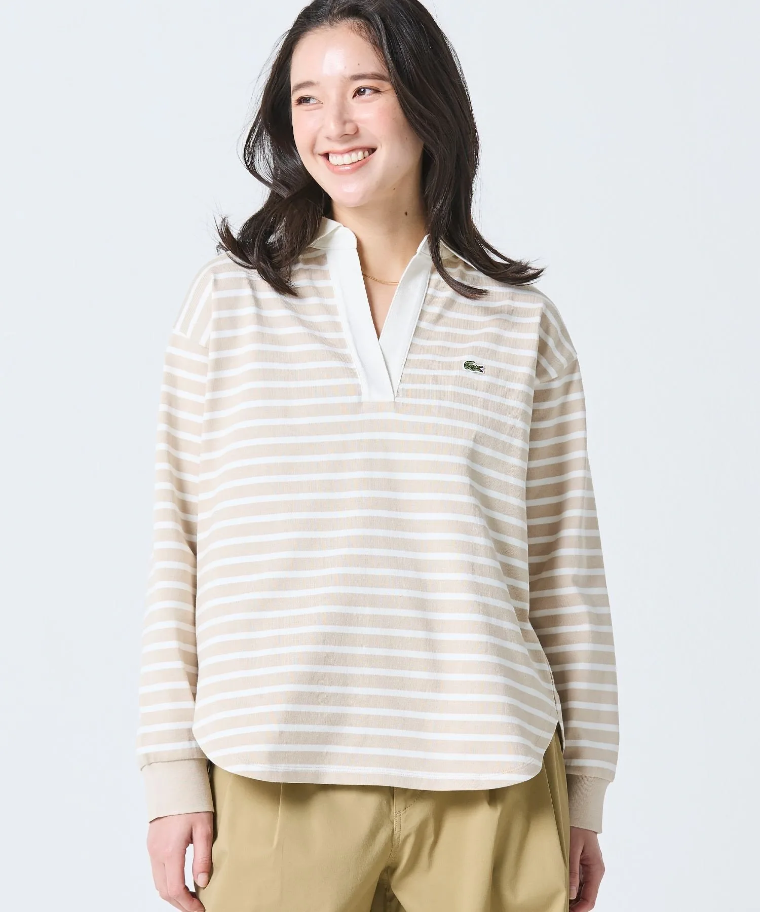Рубашка регби LACOSTE Beige с воротником-стойкой — фото 3