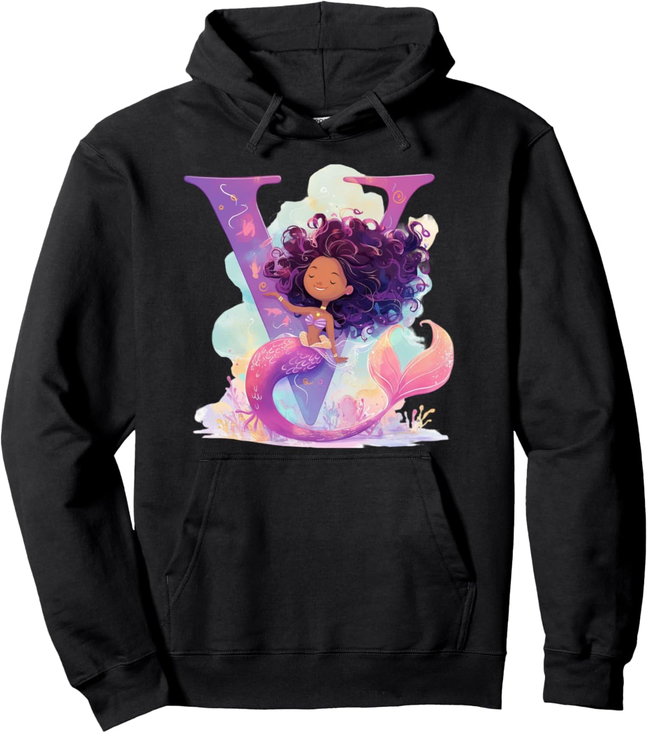 

V Начальная буква алфавита Меланин Черный Русалка День рождения V Худи Black Mermaid Tees Nyc