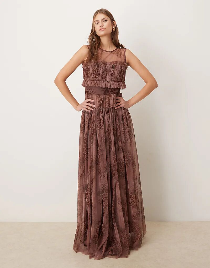 

Юбка макси из тюля с кружевом и бисером, леопардовый принт, сливовый