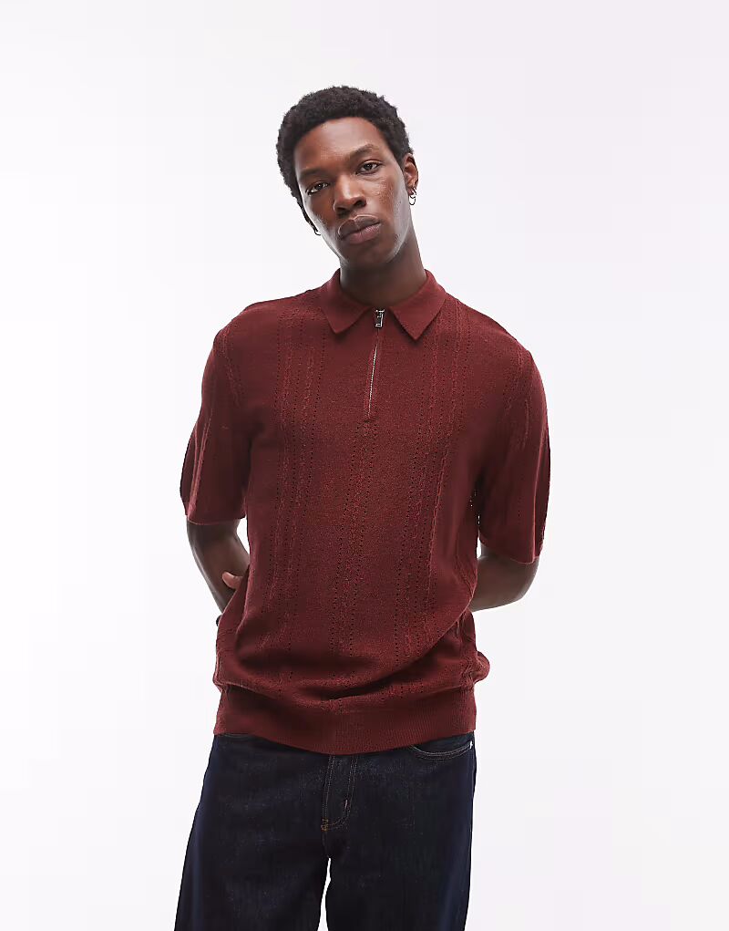 

Трикотажная рубашка-поло Topman с короткими рукавами и фактурной молнией 1/4 коричневого цвета