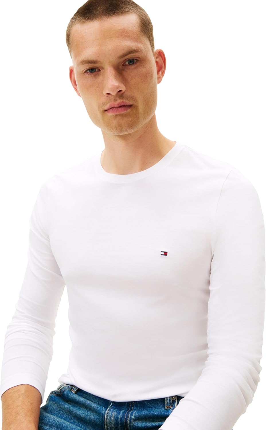 Мужские футболки Tommy Hilfiger с длинным рукавом из хлопка и эластичного хлопка, облегающие, базовые, White — фото 2