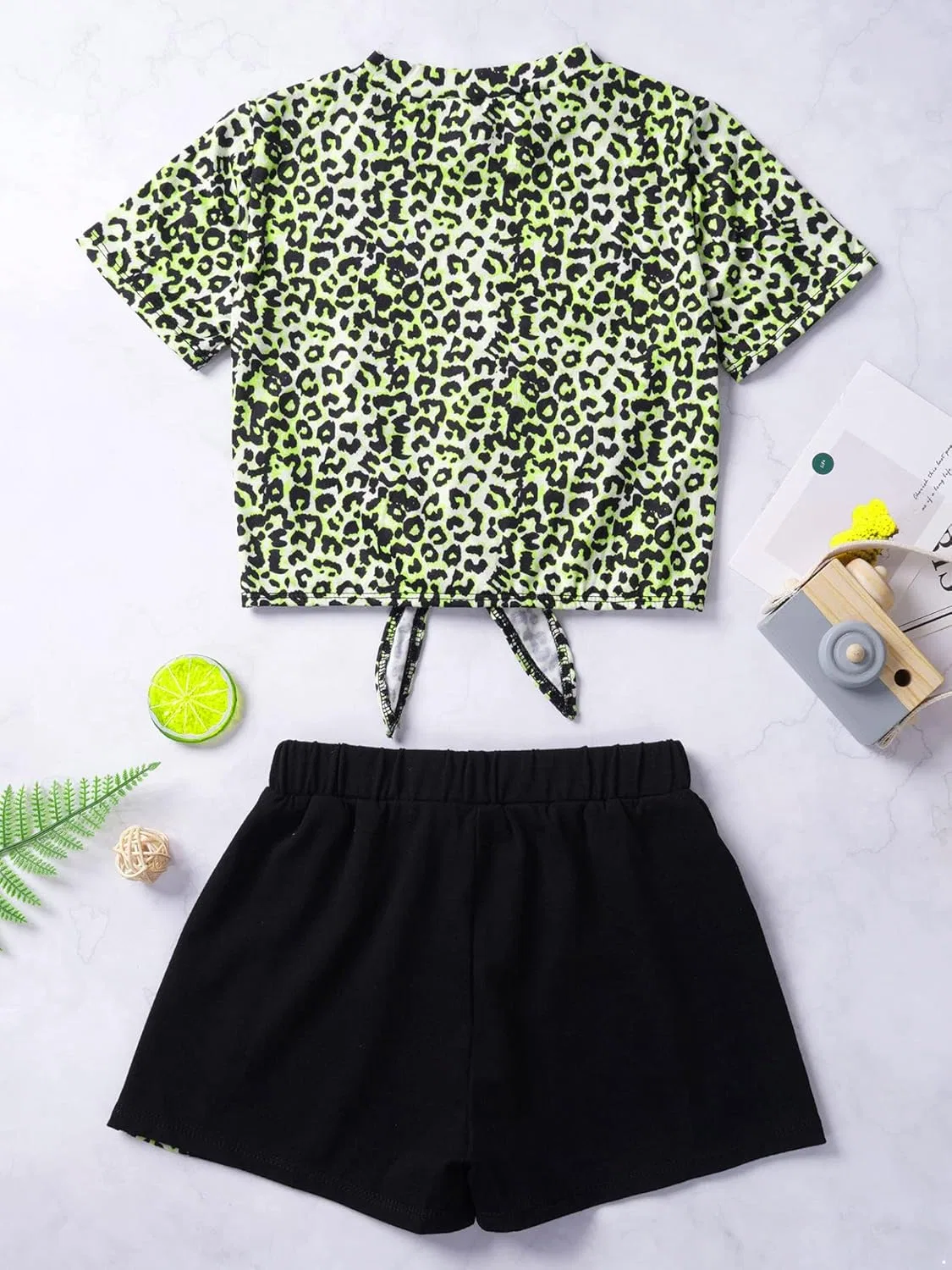 Детский спортивный костюм с принтом леопарда Yeeye, топ и шорты, Chartreuse Leopard — фото 4