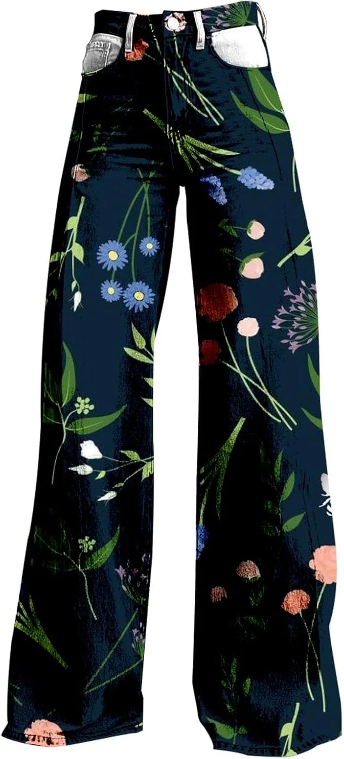 Джинсы с цветочным принтом, Wide Leg, Navy — фото 3