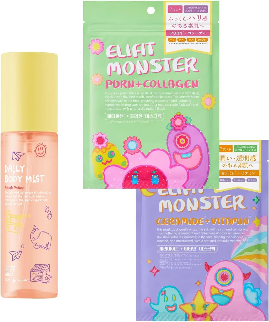 Спрей для тела Daily Body Mist с ароматом персика Dancing Whale, набор из 3 видов и масок Elifit Monster
