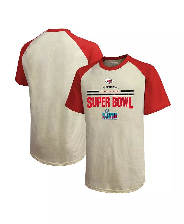 

Мужская футболка Threads Cream, Red Kansas City Chiefs Super Bowl LVII Goal Line Stand Raglan Majestic