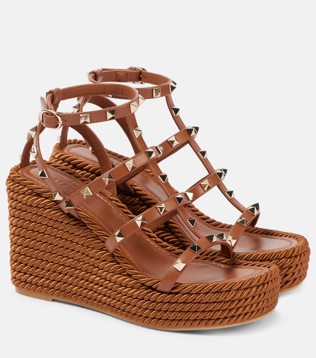 Кожаные эспадрильи Rockstud Torchon 95 на танкетке Valentino Garavani, Tobacco