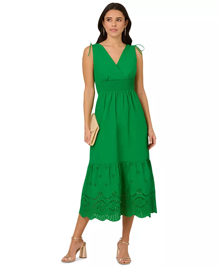 

Женское летнее хлопковое платье с вышитой кулиской на талии, завязками на рукавах и ажурной отделкой Adrianna Papell, зеленый