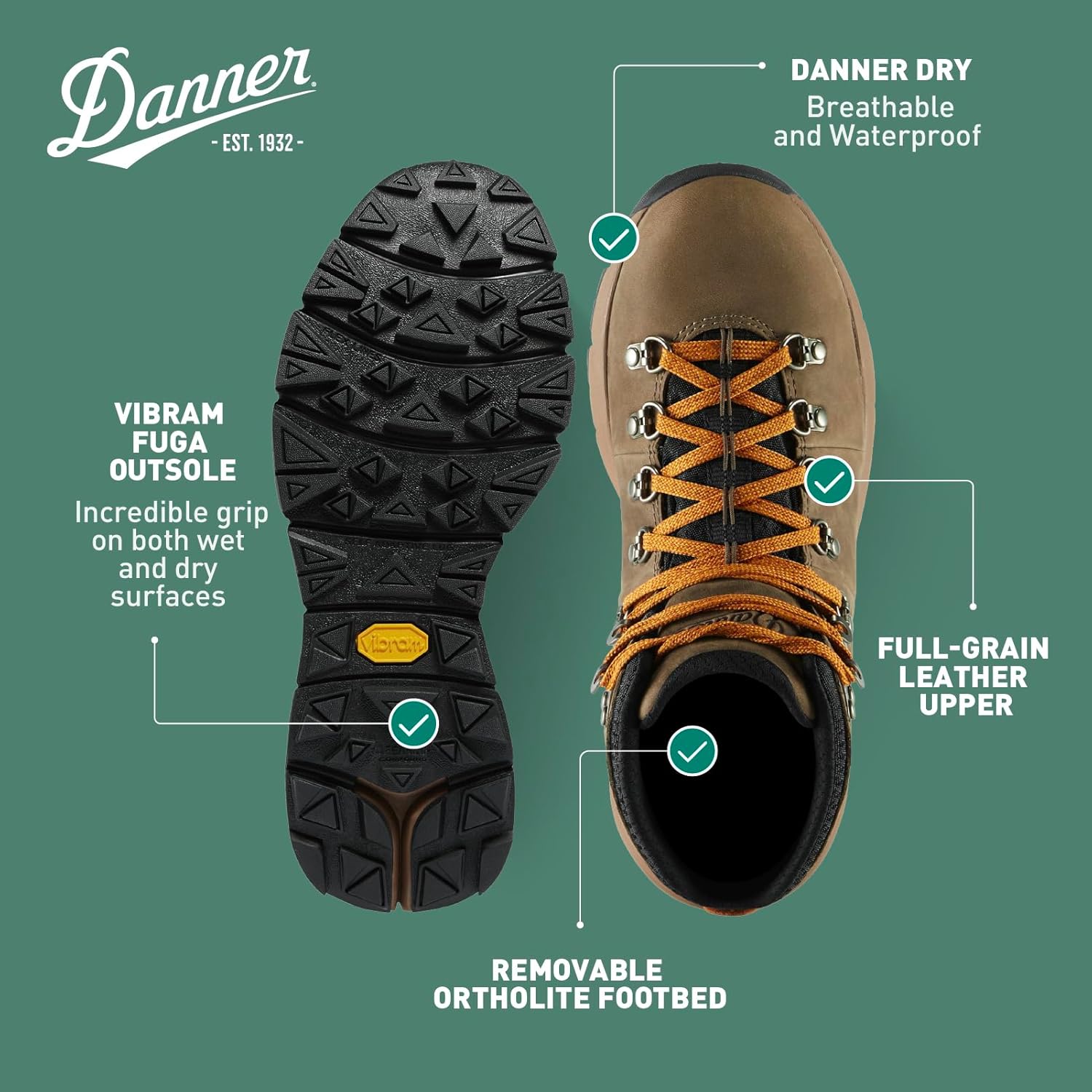 Водонепроницаемые туристические ботинки Danner Mountain 600 для мужчин - легкий, прочный верх, дышащая подкладка, стелька с тройной плотностью и подошва Vibram с отличным сцеплением, золотой/шоколадный — фото 4