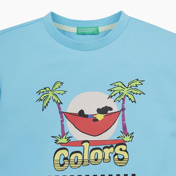 Детская синяя футболка с графическим принтом "Палм-Бич" от Benetton Kids — фото 3