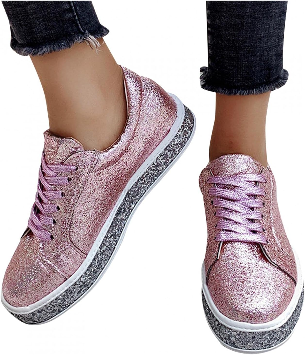 

Модные кроссовки Hbeylia на платформе с блестками и пайетками, с шнуровкой, массивной подошвой, на низком ходу, удобные для ходьбы, стильные кожаные осенние кеды низкие, из ткани для женщин, девушек, невесты, для свадьбы и вечеринки, розовый