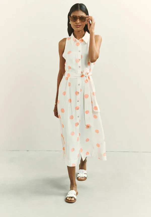 Платье-рубашка Next Petite fit halter shirt midi belted dress, белый/розовый горох