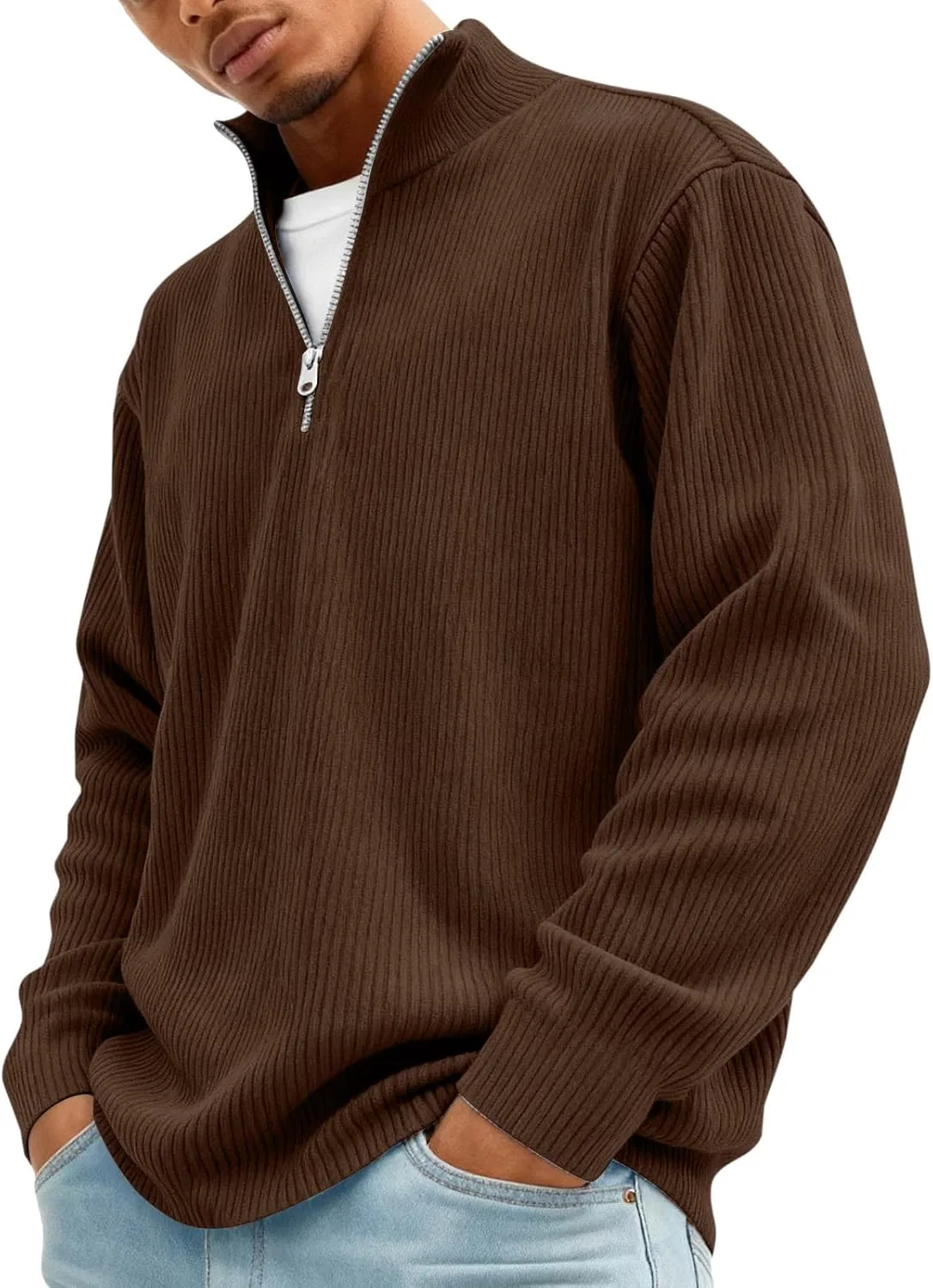 Мужская кофта на молнии, вельвет, Corduroy, коричневый — фото 2