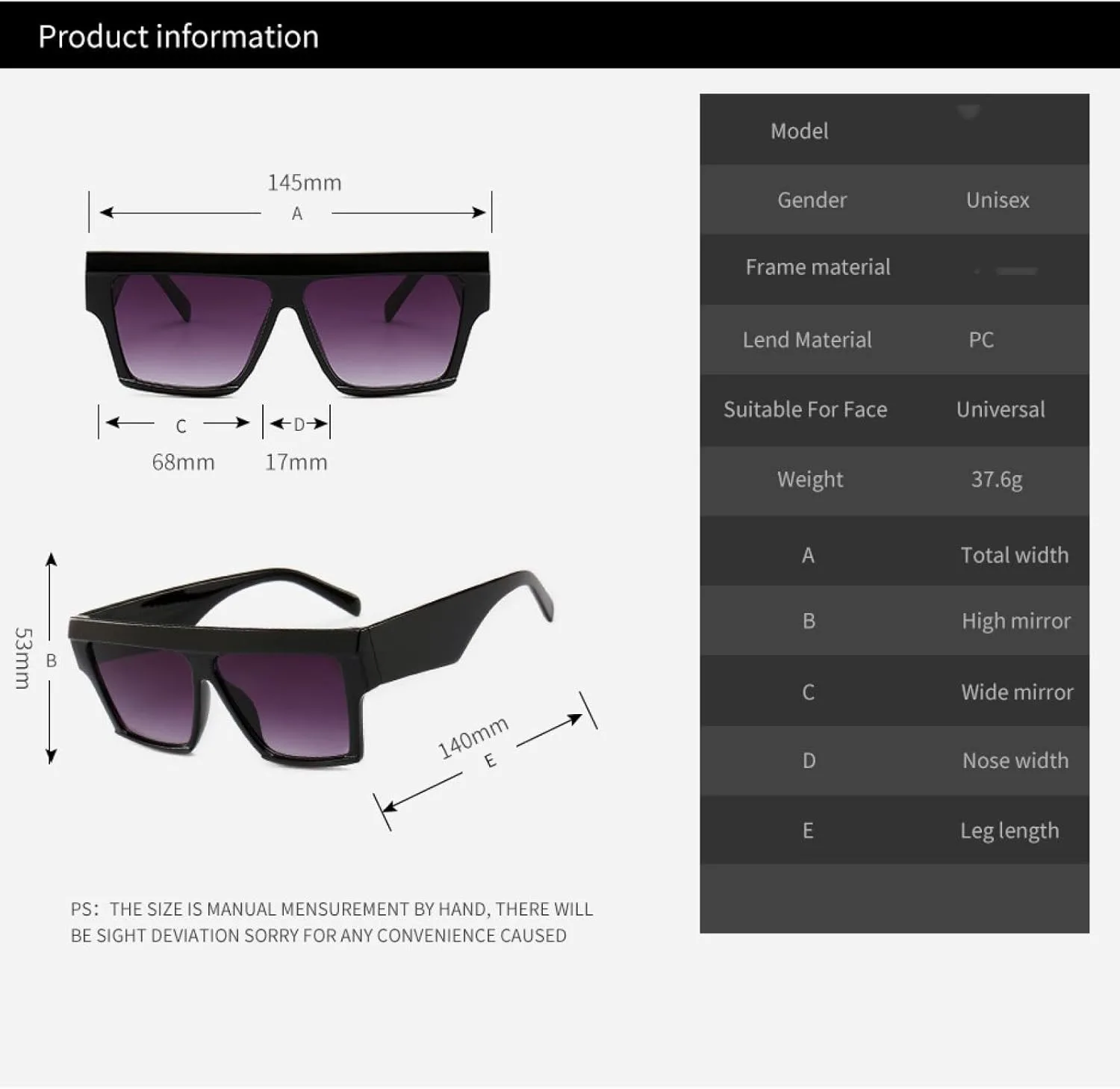 

Солнцезащитные очки для женщин и мужчин, большая оправа, модные ретро-очки с зеркальными линзами и плоским верхом, защита от УФ-излучения UV400 TKKTLLT, C3