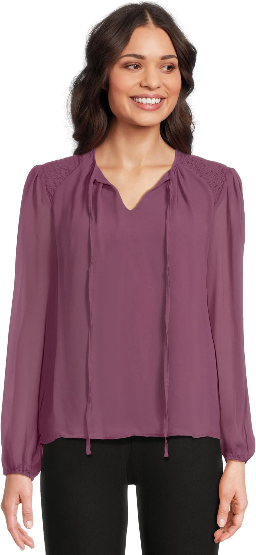 

Блуза Vince Camuto Long Sleeve Ruched Shoulder Tie Neck Blouse, цвет Sweet Plum