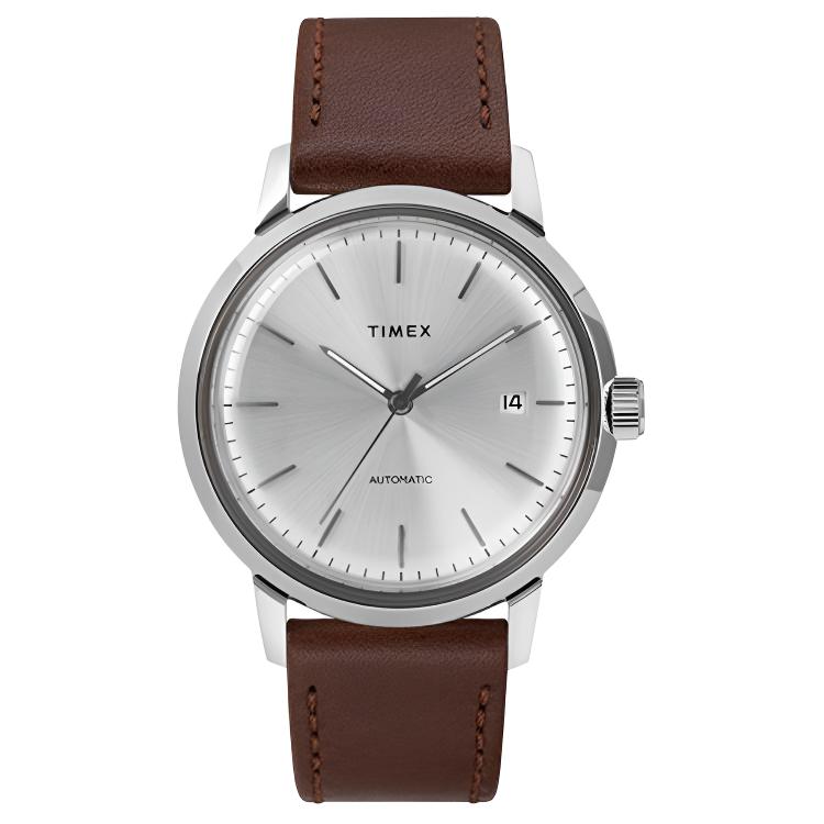 

TIMEX Часы MARLIN Collection Wrist Watch Automatic Mechanical Movement Leather Strap 40mm Black Dial Men's Watch, Silver Dial Brown Strap
