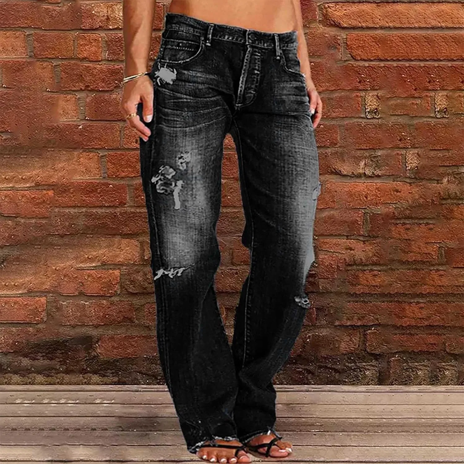 Женские джинсы Wide Leg High Waisted летние повседневные деним штаны Fashion Going Out Streetwear Y2k с карманами Generic, черный — фото 2