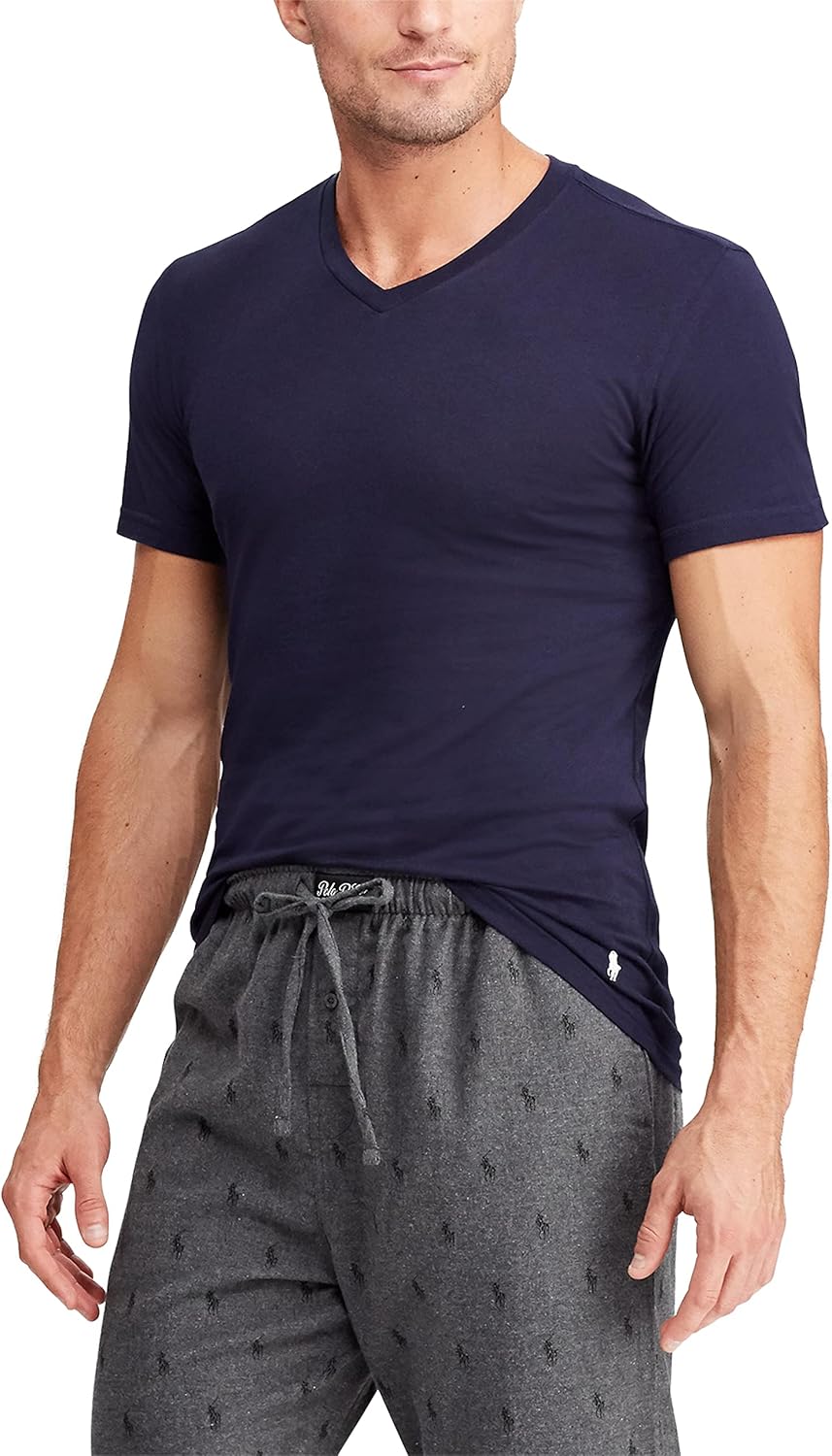 Футболка POLO Ralph Lauren Men's Slim Fit Cotton V-Neck Undershirts 3 Pack, Navy/White, White/Navy, Black/White - 3 Pack — фото 2