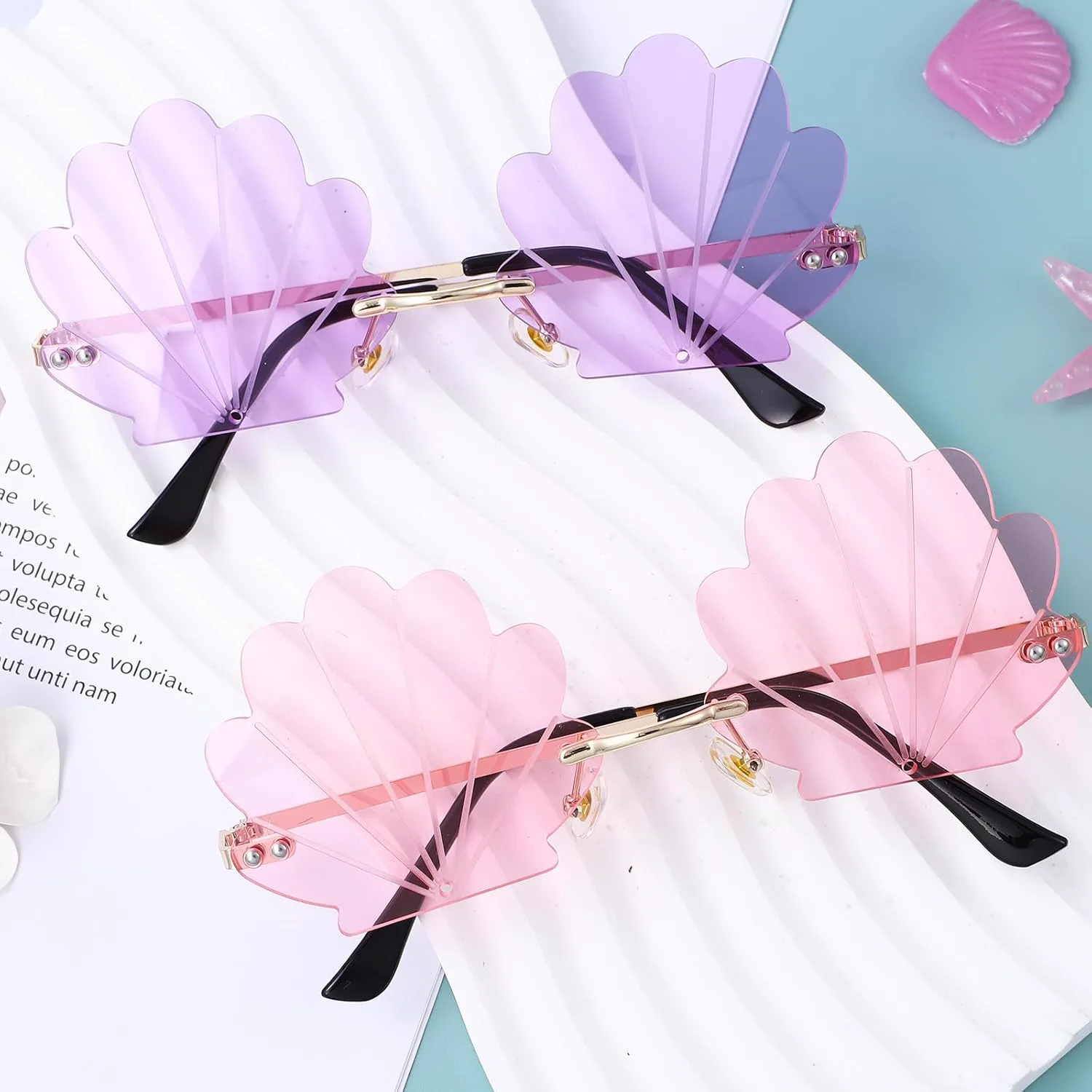 

2 шт. Солнцезащитные очки в форме ракушек, фиолетовые солнцезащитные очки, реквизит для вечеринки, очки в форме ракушек, без оправы, очки русалки AOKWAWALIY, As Shown