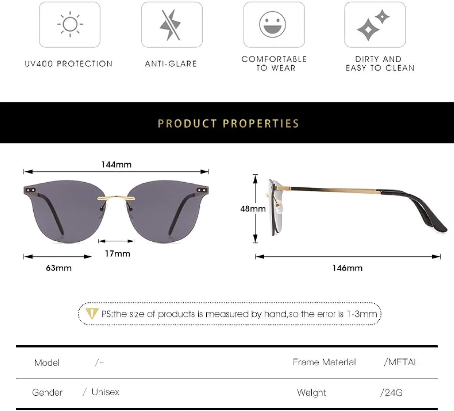 

Модные солнцезащитные очки без оправы для женщин и мужчин в винтажном стиле с заклепками, летние, для путешествий, с защитой от УФ-излучения UV400 Generic, Gold Red