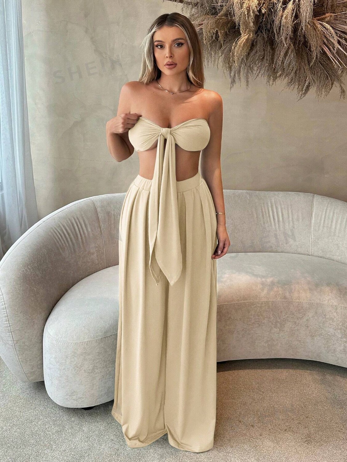 

Топ женский и брюки Shein SXY с узлом спереди, абрикосовый