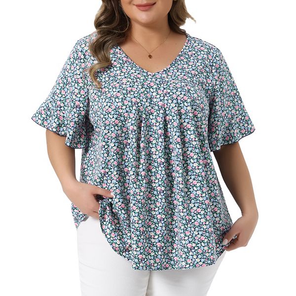 

Блузка женская Plus size с V-образным вырезом и расклешенными рукавами в цветочный принт Agnes Orinda