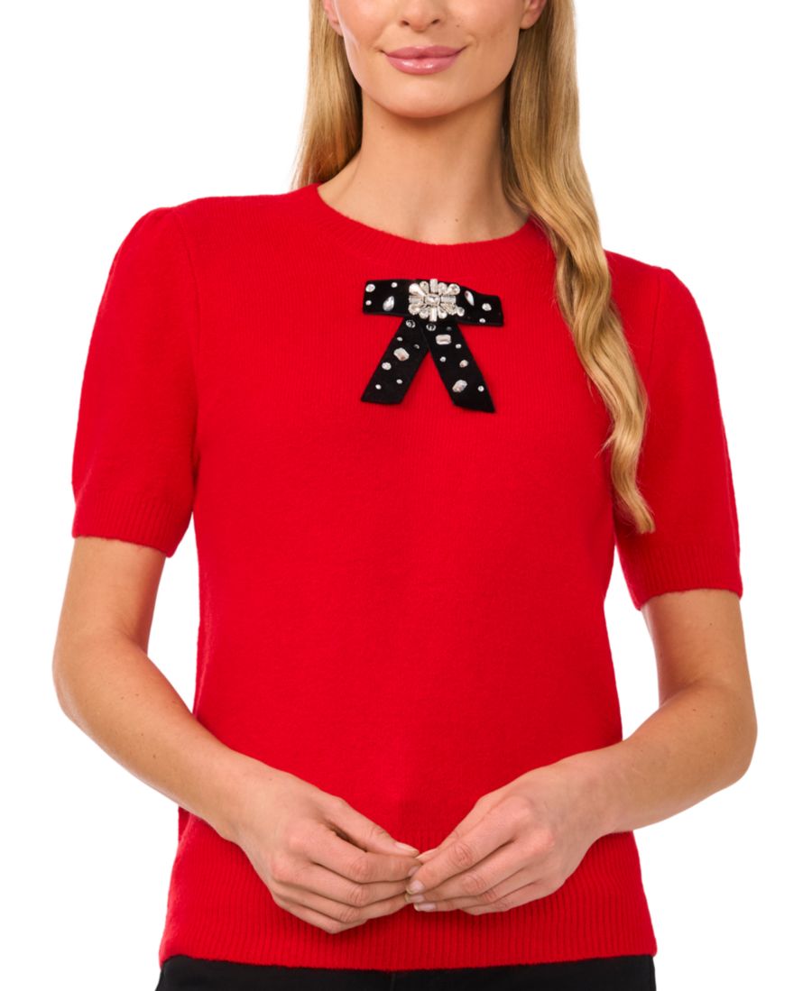 

Женский свитер с короткими рукавами и отделкой лентами CeCe, Bright Cherry