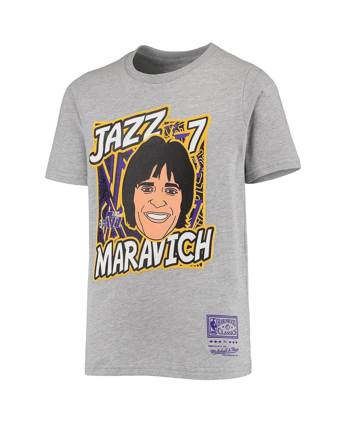 Серая футболка Big Boys Pete Maravich Heathered New Orleans Jazz Hardwood Classics King of the Court Player Mitchell & Ness — фото 3