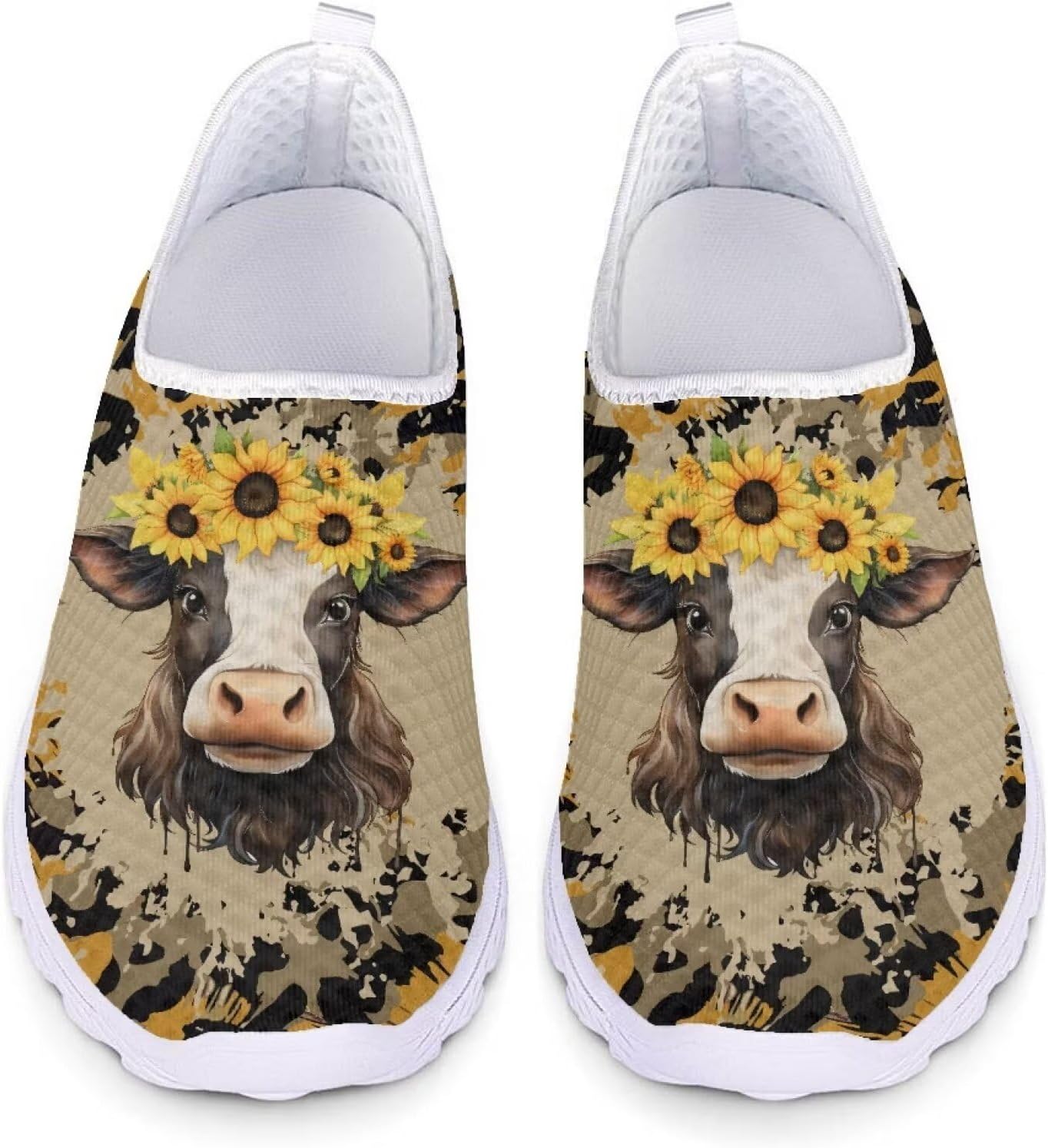 

Женские и мужские кроссовки для ходьбы, сетчатые, с плоской подошвой, без застежки, дышащие, размеры США 5-12 Xixirimido, Animal Cow Sunflower