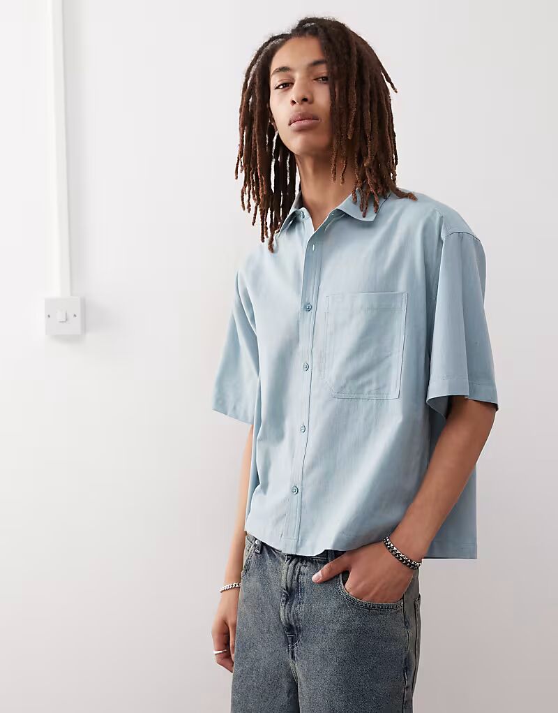 

Рубашка свободного кроя с короткими рукавами из льняного материала пыльно-синего цвета Collusion