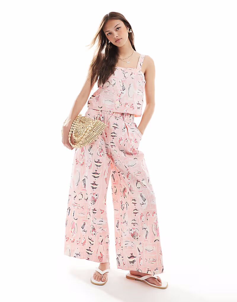 

Комбинезон из хлопка с широкими штанинами и винтажным эффектом, с принтом розовых рыб Object