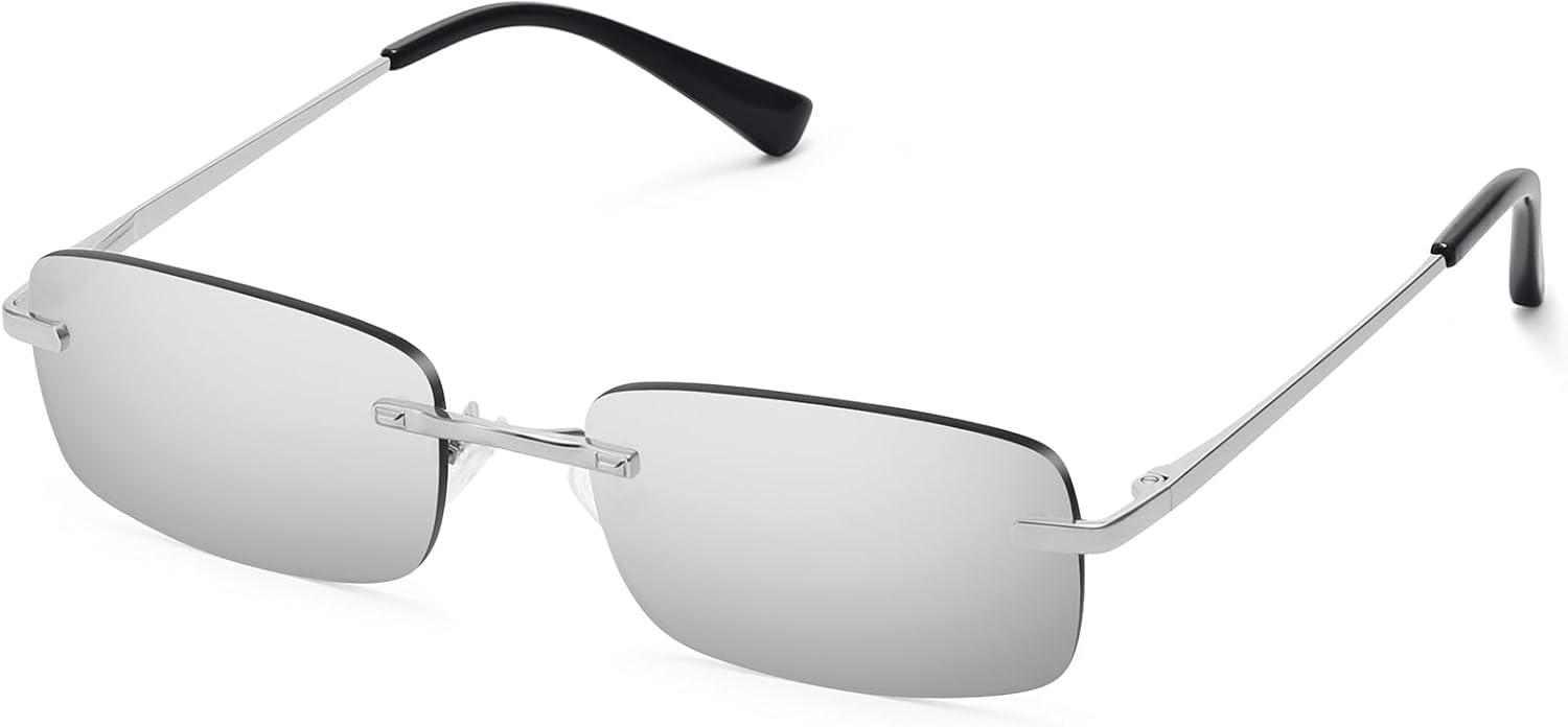 

Ретро-солнцезащитные очки прямоугольной формы без оправы для женщин, модные, узкая, маленькая оправа, пружинный шарнир, защита от УФ-излучения, FZN905 Fozono, Silver Frame/Silver Mirror Lens