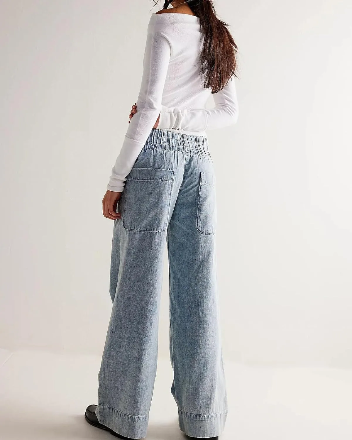 Брюки-джинсы baggy flare для женщин с эластичным поясом и широкими штанинами — фото 2