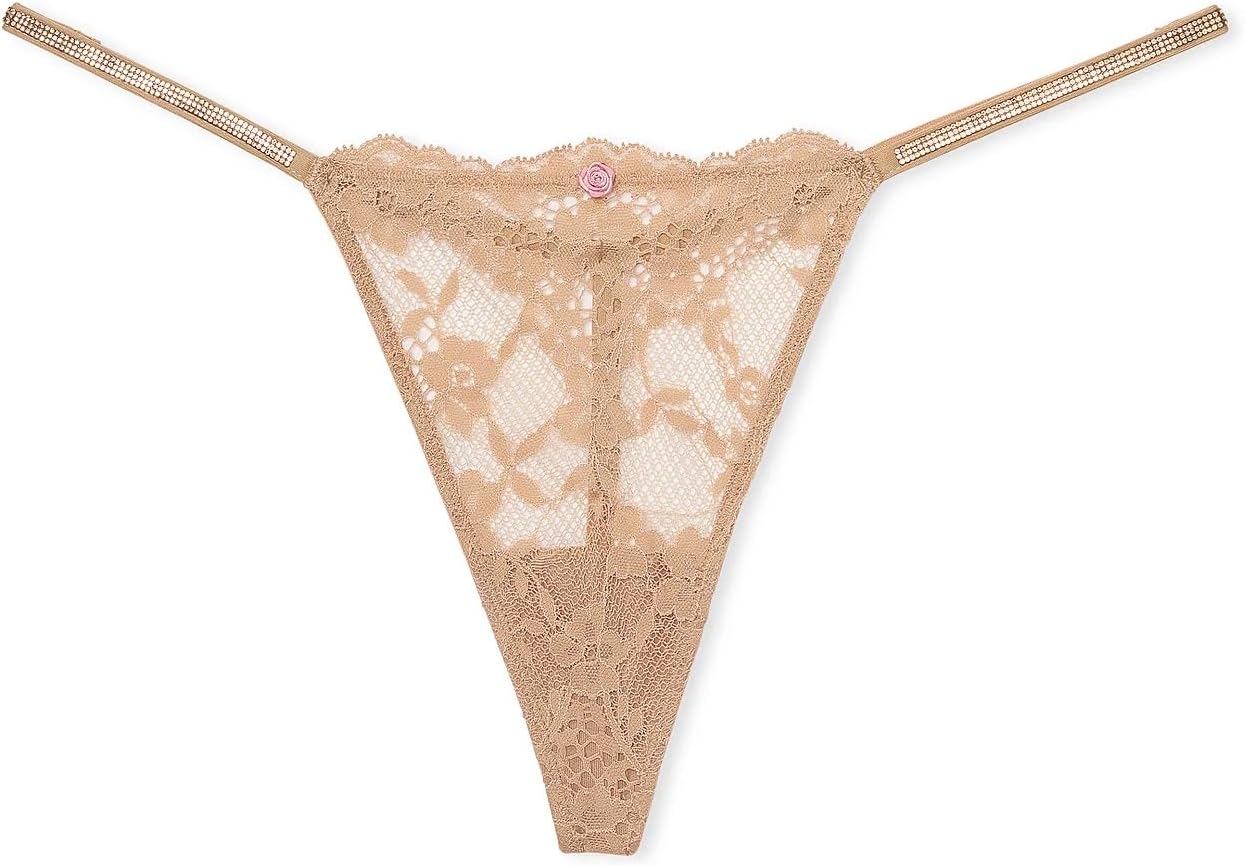 Victoria's Secret трусики-стринги V-образной формы с кружевом и мерцающими стразами на бретельках, цвет Tan/Beige — фото 2