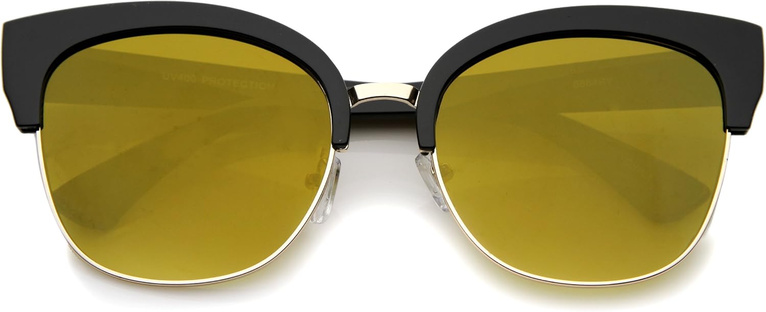 

zeroUV Современные солнцезащитные очки увеличенного размера в полуободковой оправе с цветными зеркальными плоскими линзами, модель «кошачий глаз», диаметр линз 58 мм, Black / Gold Mirror