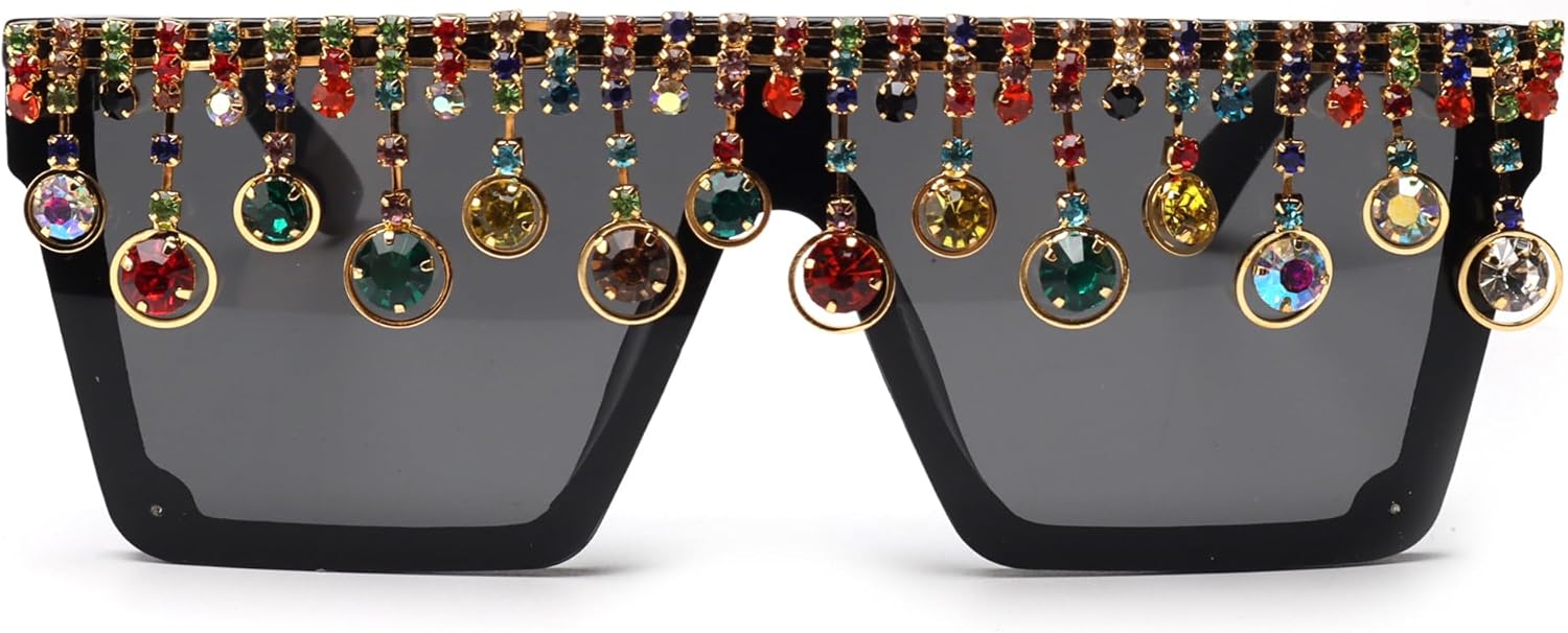 

Очки-солнцезащитные Bullabulling Oversized Square с блестками и стразами для женщин и мужчин, с плоской верхней частью, модные, с бриллиантовой кисточкой и сверкающими элементами, Black