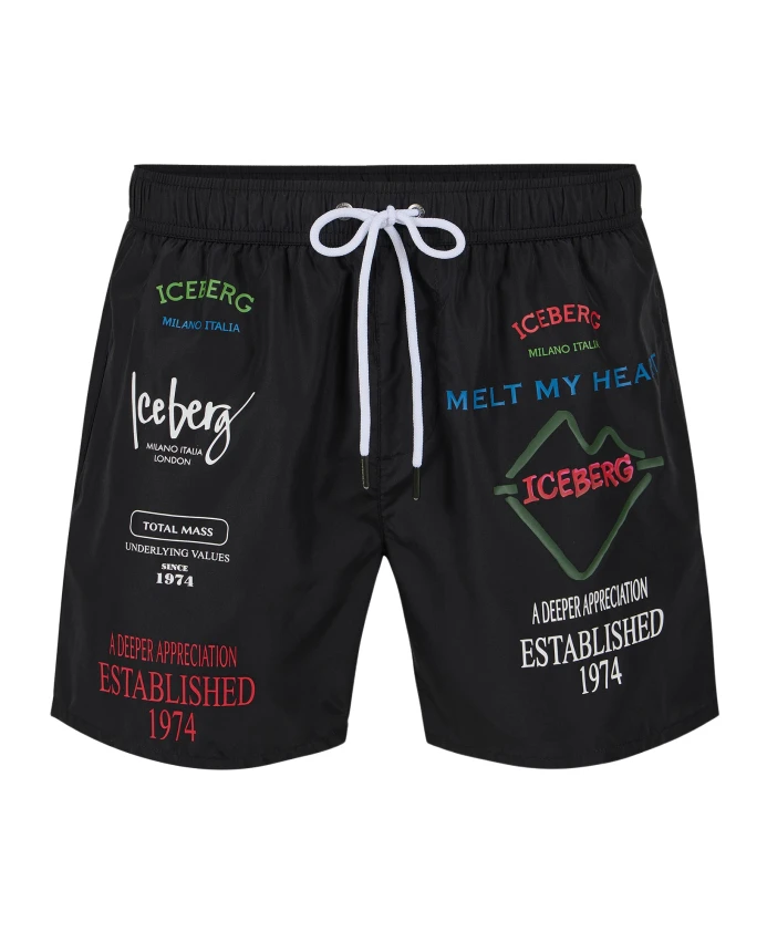 

Черные плавки с контрастными принтами, надписями и завязками. Iceberg, черный