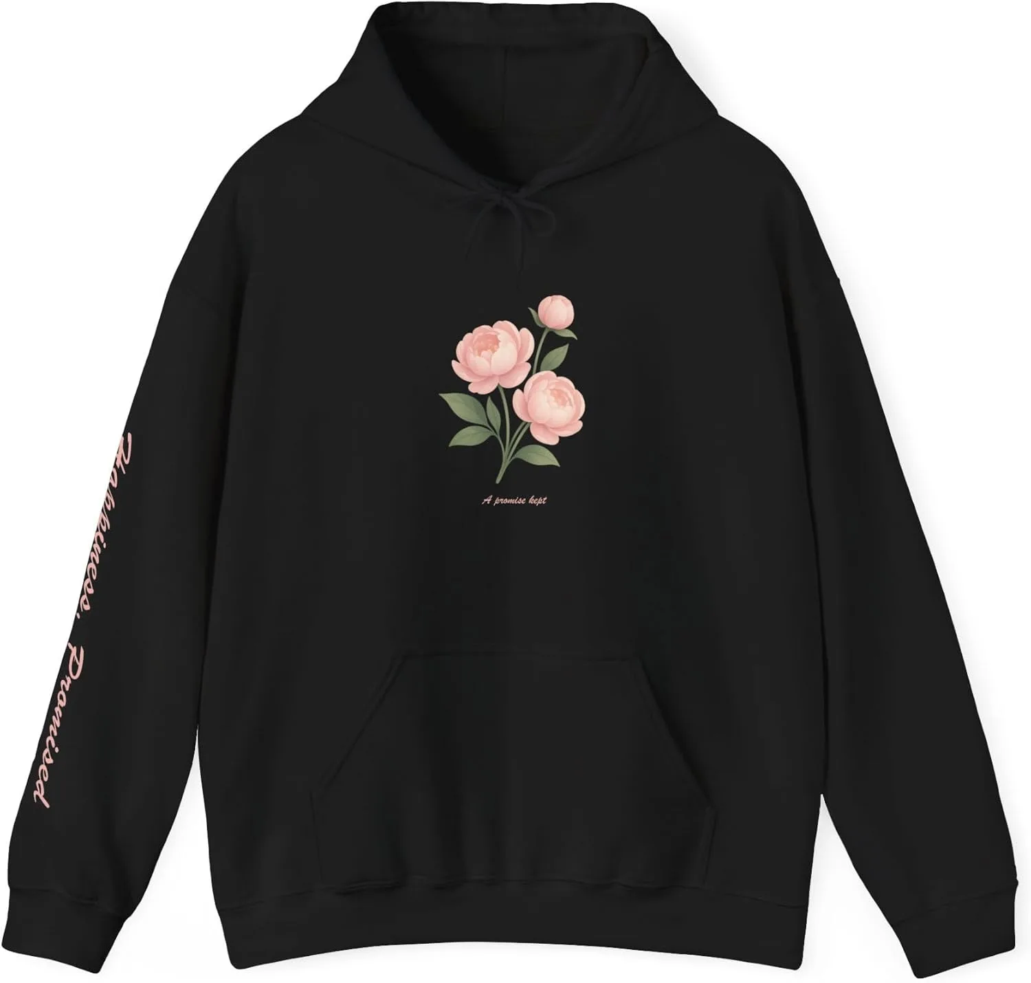 Худи Peony Promise - минималистичная толстовка с цветочным принтом и надписью «Обещание сдержано», элегантный растительный дизайн, романтический подарок GENERIC, черный