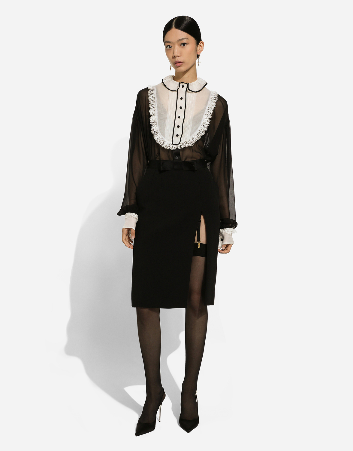 Шерстяная миди-юбка-карандаш с атласным поясом DOLCE & GABBANA, черный — фото 3