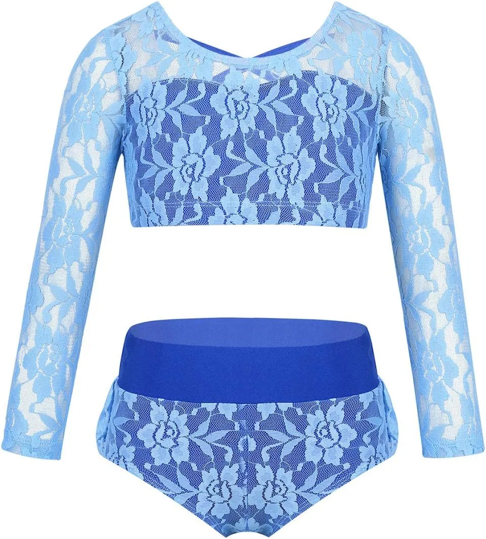 Детский спортивный комплект Agoky 2 предмета, топ с пайетками и шорты, Sky_blue Lace