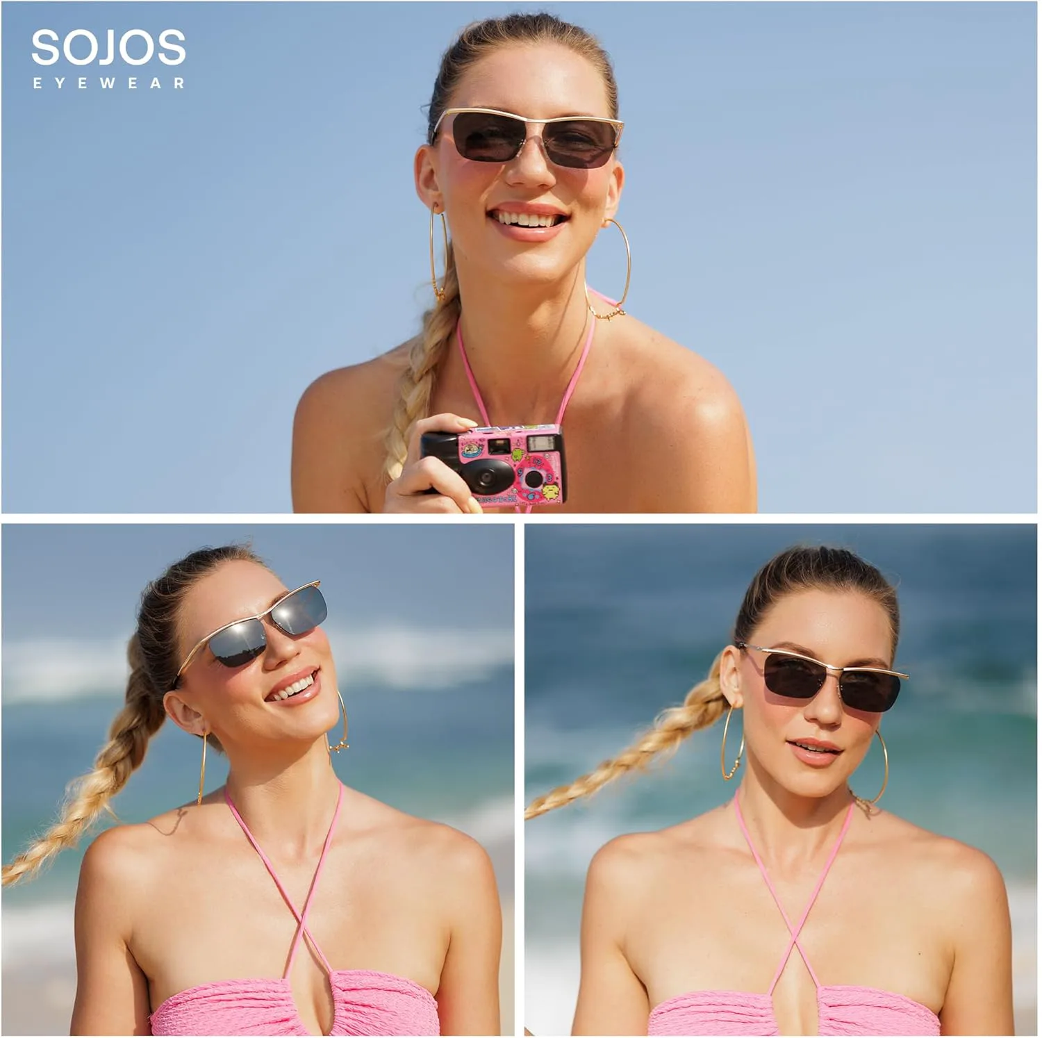 

SOJOS Модные прямоугольные солнцезащитные очки «кошачий глаз» без оправы для женщин, ретро-стиль, винтажные очки с защитой от УФ-излучения UV400 SJ1253, Gold/Green